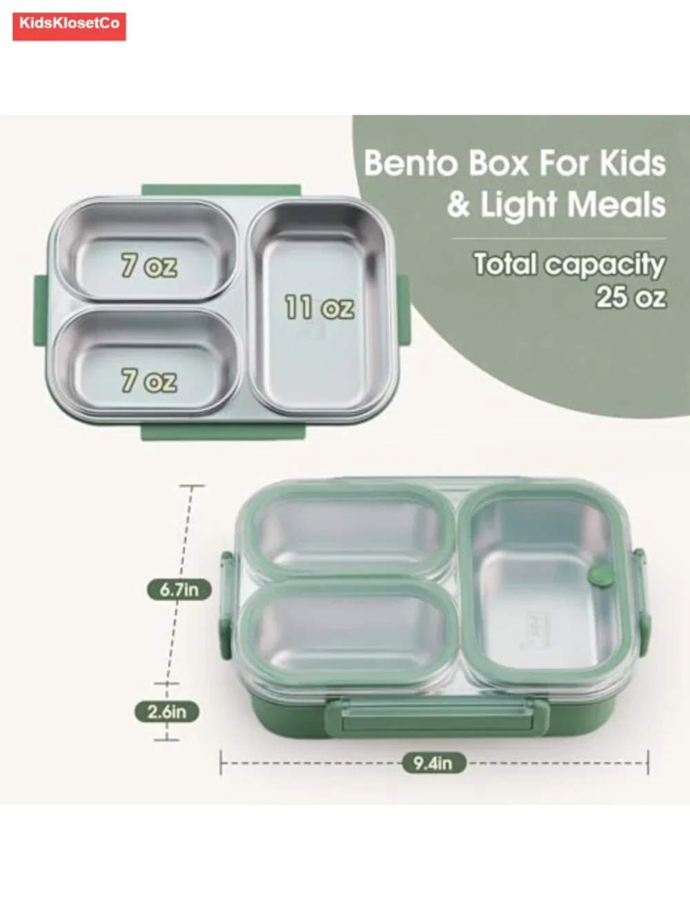 Stainless Steel Bento Box 25oz Leakproof 3 Compartments Kids Adults Lunch